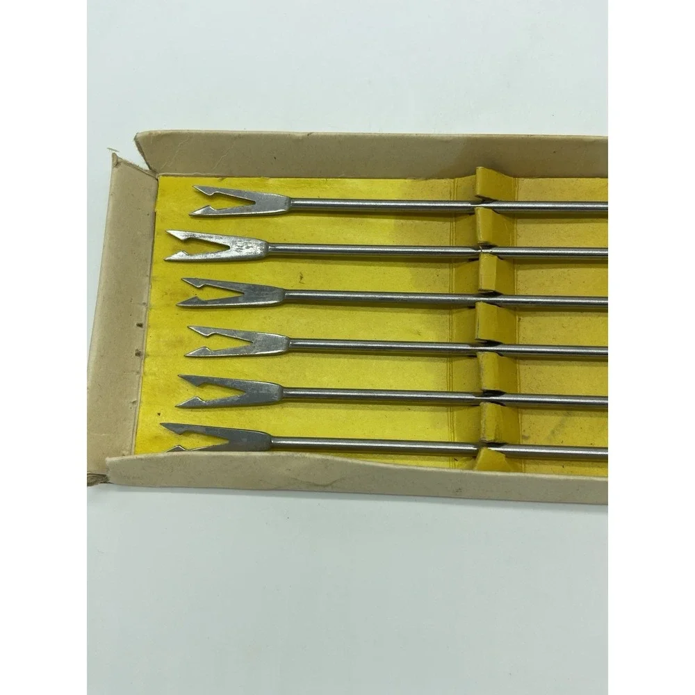 Vintage MCM STAINLESS STEEL Set of 6 FONDUE FORKS w/Wooden Handles‎ Original Box